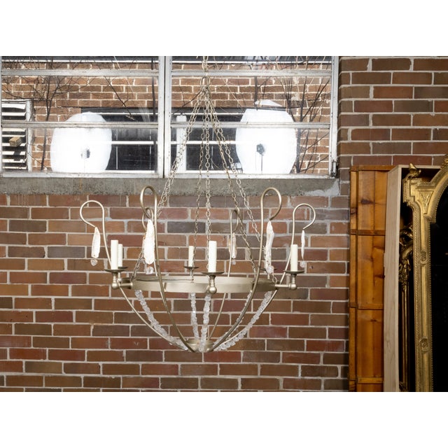Vintage Rock Crystal, Oyster and Steel Basket Six-Light Chandelier, US Wired For Sale - Image 11 of 12
