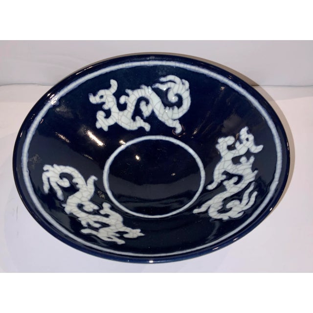 Timeless Asian Modern Blue and White Glazed Flared Dragon Bowl, showroom floor sample