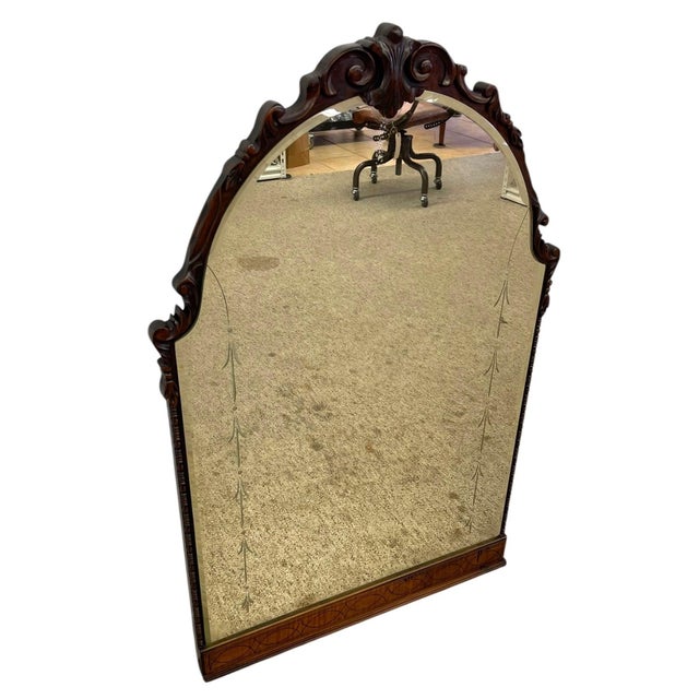 Vintage Carved Wood Arched Wall Mirror With Etched Glass Panels For Sale - Image 10 of 10