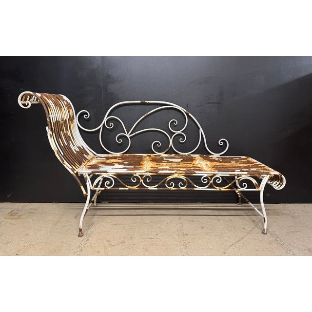 Decorative French Iron Garden Seat, dating to mid century and in very characterful original paint and rust condition....