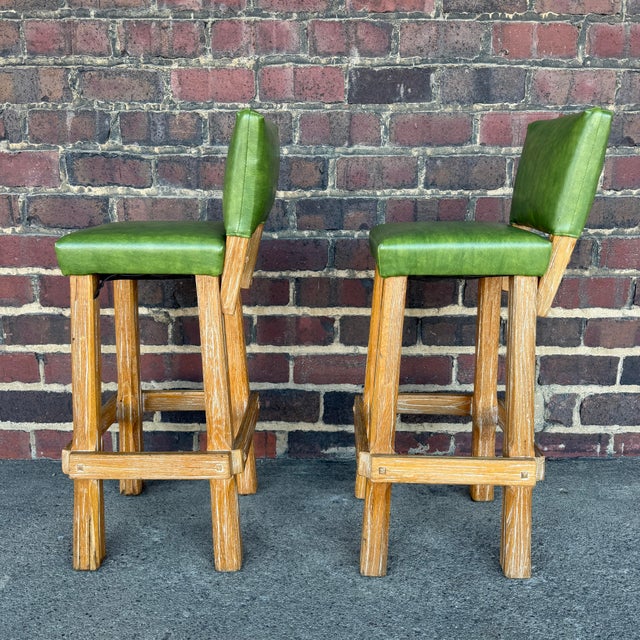 Wood Pair of Rustic Green Leather Bar Stools by Ranch Oak For Sale - Image 7 of 12