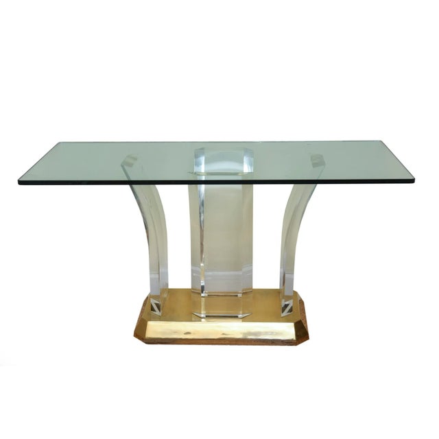 Karl Springer Vintage Gold Plated Over Brass and Arched Lucite and Glass Console Table For Sale - Image 12 of 12