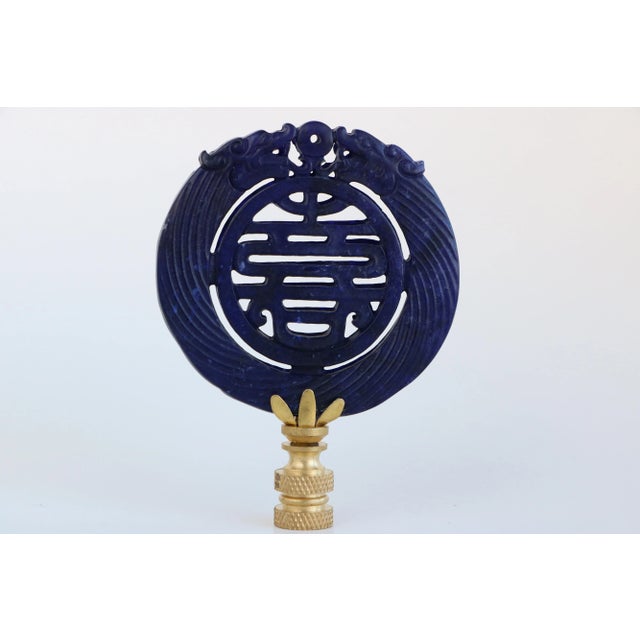 Chinese Calligraphy Carved Stone Lamp Finials on Brass Hardware - a Pair For Sale - Image 4 of 6