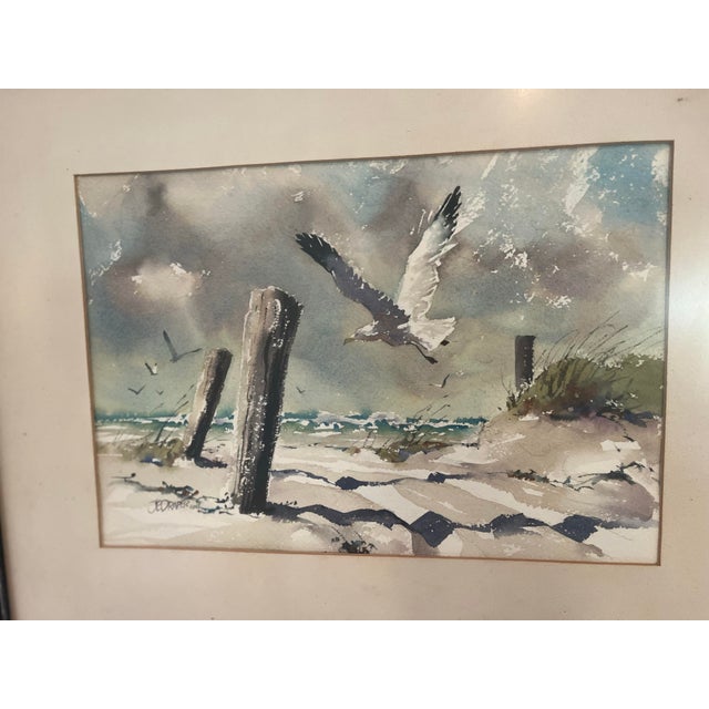 1970s 1970s J. Everett Draper Original Coastal Watercolor of Seagulls Over Beach. For Sale - Image 5 of 8