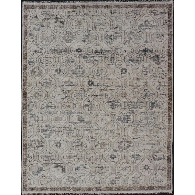Modern Hand-Knotted Oushak Distressed Rug With Sub-Geometric Design in Brown and Blue For Sale - Image 13 of 13