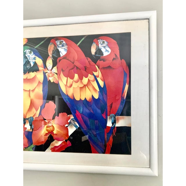 What a fun picture of parrots on a branch! Large vivid color parrot watercolor print in minimalist white frame Hues of...