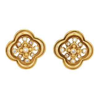 Mid 20th Century Jose Hess Diamond Earrings Vintage 18k Yellow Gold Quatrefoil Design - 2 Pieces For Sale