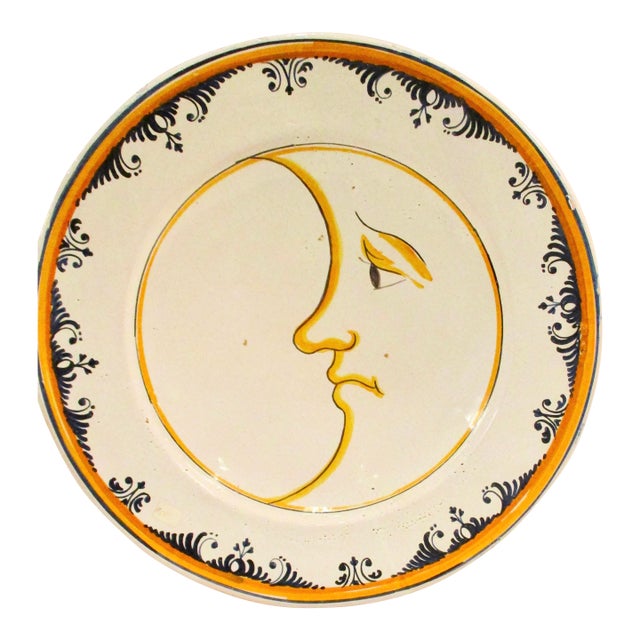 Man in the Moon French Faience Deep Dish Charger 70s For Sale