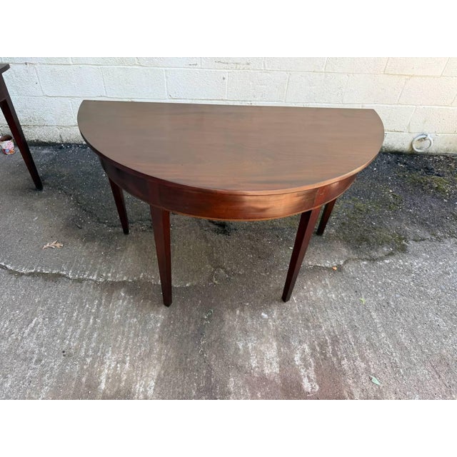 Pair of Antique Federal Style Mahogany Demilune Consoler Tables For Sale - Image 9 of 17