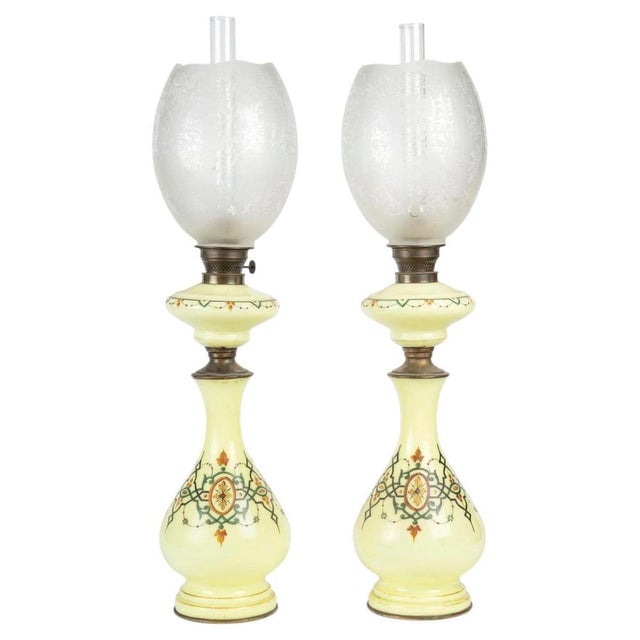 Yellow 19th Century Oil Lamps in Painted Opaline Glass with Crystal Shades, 1890s, Set of 2 For Sale - Image 8 of 8