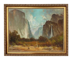 "Yosemite Valley Landscape" Contemporary Reproduction Print on Canvas After Thomas Hill, Framed 16 x 13