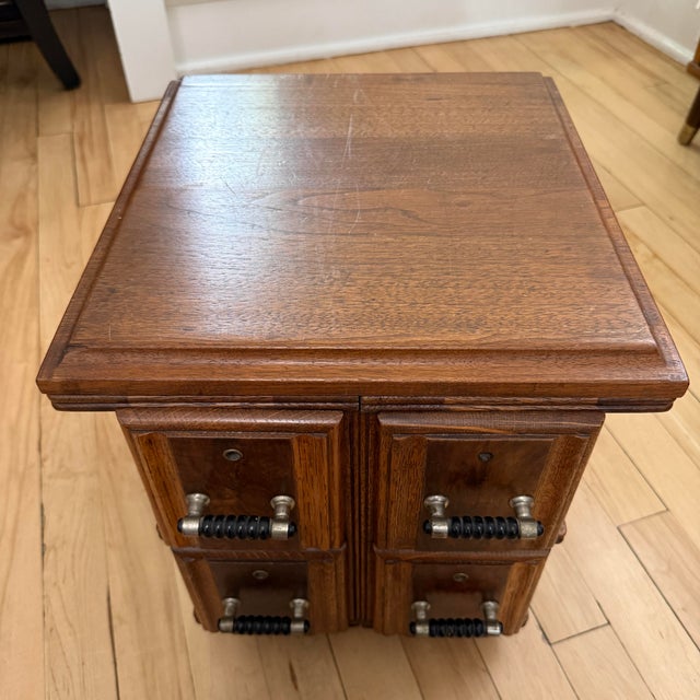Wood Antique Oak Countertop Sewing Cabinet With Applied Burled Wood Drawer Fronts For Sale - Image 7 of 12