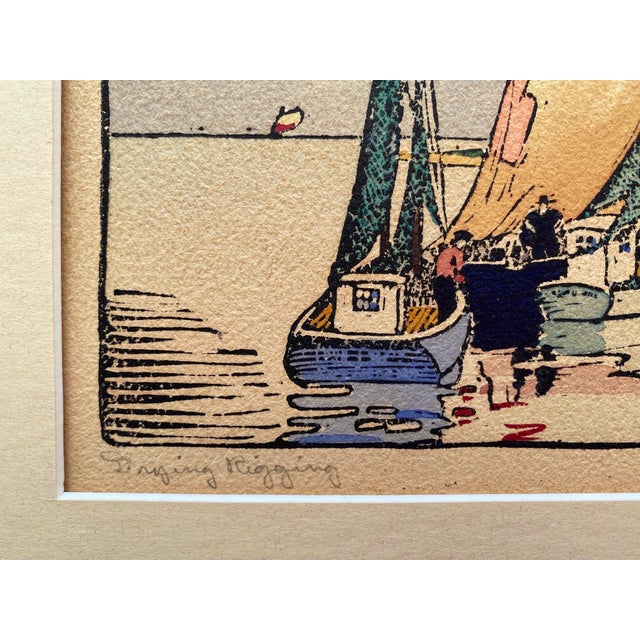 Navy Blue Robert Bruce Rogers Vintage 1932 " Drying Rigging, Provincetown " Waterfront Seascape Framed Original Signed Fine Art Woodblock Print For Sale - Image 8 of 14