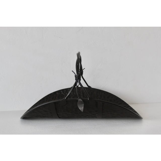 Metal Vintage Curved Hammered Cradle Black Metal Firewood Log Holder Wire Wrapped Handle For Sale - Image 7 of 15
