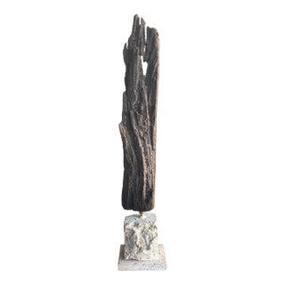 Monumental Organic Coastal Vintage Driftwood Sculpture on Coral Stone Base For Sale