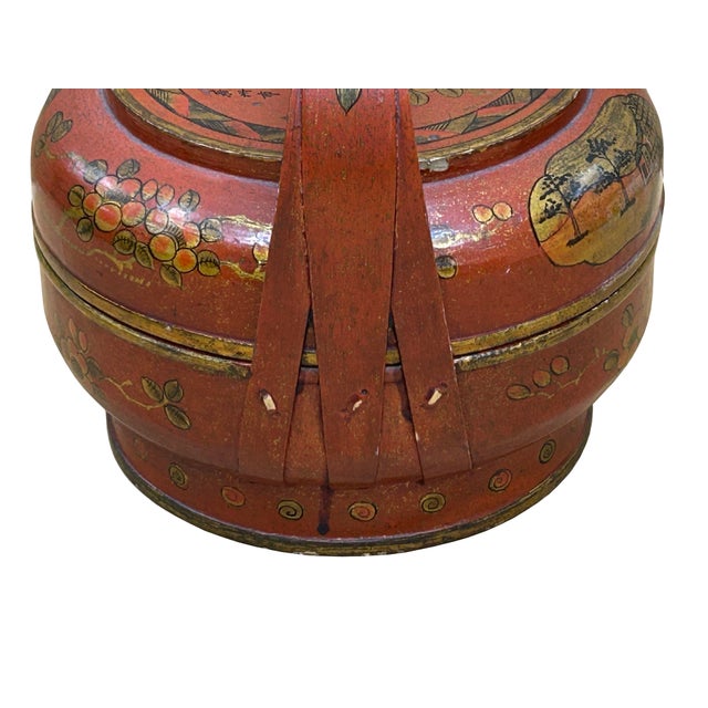 Brick Red Vintage Oriental Brick Red Golden Graphic Stack Wedding Basket Display For Sale - Image 8 of 18