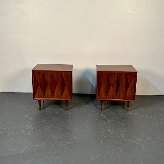 Wood Pair of Danish Mid-Century Modern Style Geometric Nightstands, Walnut, Brass For Sale - Image 7 of 13