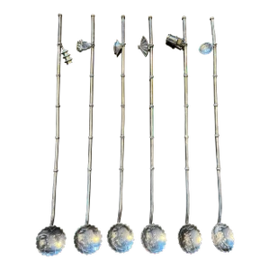 Mid-Century Sterling & .900 Silver Sipping Straw Cocktail Spoon Set Pagoda