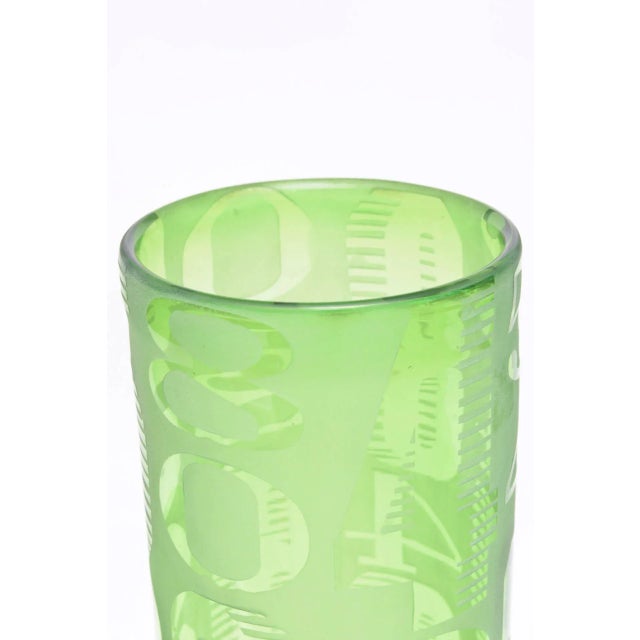 Contemporary Vintage Frosted and Etched Numbered Light Green Glass Vases Graduated Sizes Set of 3 For Sale - Image 3 of 11