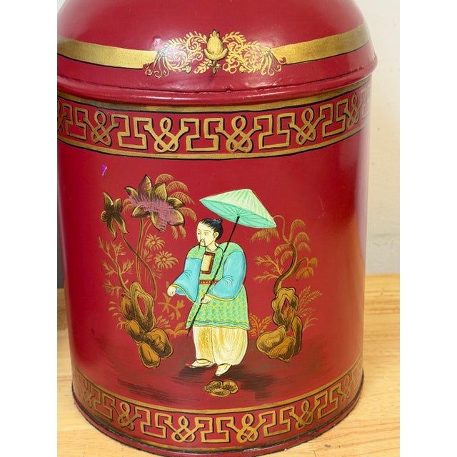 Red Pair English Chinoiserie Red Tole & Gilt Painted Tea Caddy Lamps, 20th Century For Sale - Image 8 of 14