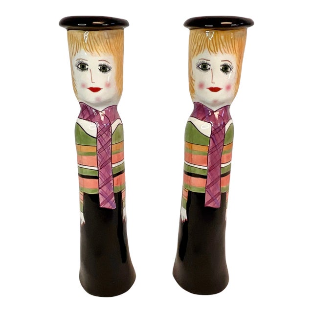1990s Vintage Boho Chic French Hand Painted Women Candle Holders - A Pair For Sale