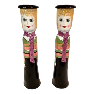 1990s Vintage Boho Chic French Hand Painted Women Candle Holders - A Pair.