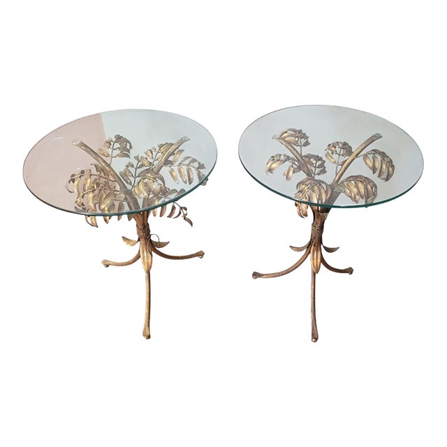 A Pair 1950s Gilt Metal Palm Tree End Tables For Sale