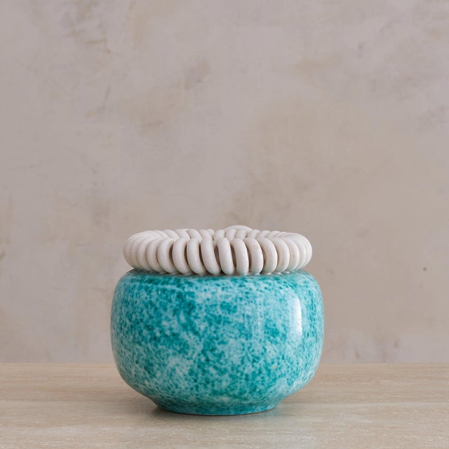 French Turquoise Ceramic Vase with Bow Motif by Gustave Asch, 1940s For Sale - Image 13 of 18