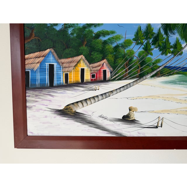 Blue Large Vintage Haitian Coastal Tropical Impressionist Oil on Canvas Painting – Framed For Sale - Image 8 of 13