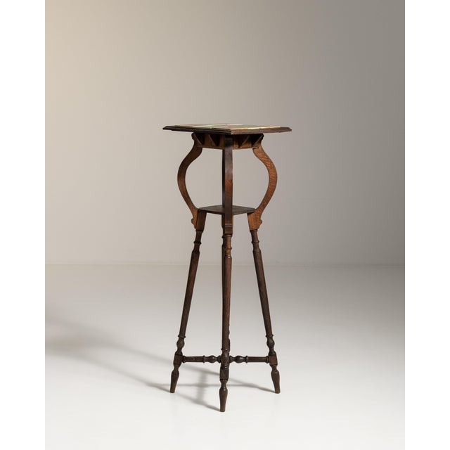 1910s French Chestnut Brown Art Nouveau Pedestal Table with Ceramic Tile Top For Sale - Image 15 of 15