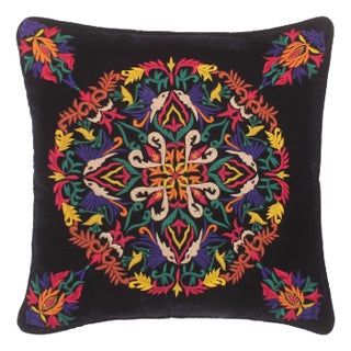 Boho Chic Hand Embroidered Royal Blue Velvet Pillow For Sale
