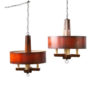1950s Brandt Ranch Oak Swag Hanging Lamps - Set of 2 For Sale