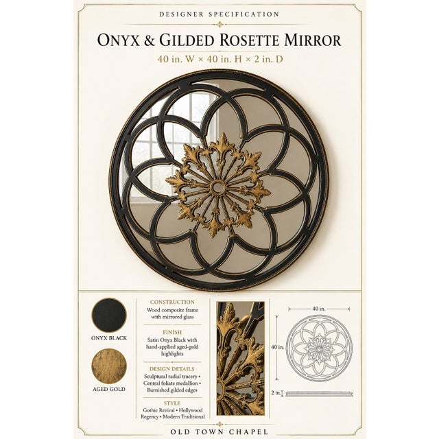 Onyx Black and Aged Gold Gothic Rosette Wall Mirror Dramatic in scale and rich with architectural detail, this substantial...