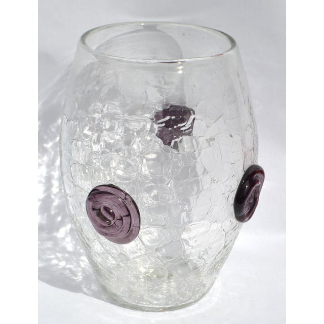 1960s Large Blenko Crackle Art Glass Vase Textured Clear Surface Purple Flowers For Sale - Image 10 of 18