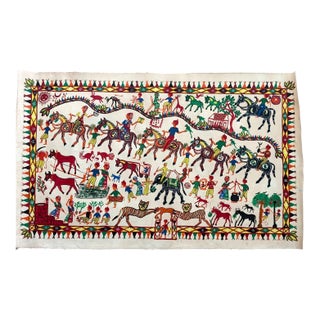 Folk Art Pithora Painting from Gujarat India: Horses, Dieties: 32" x 20", EUC For Sale