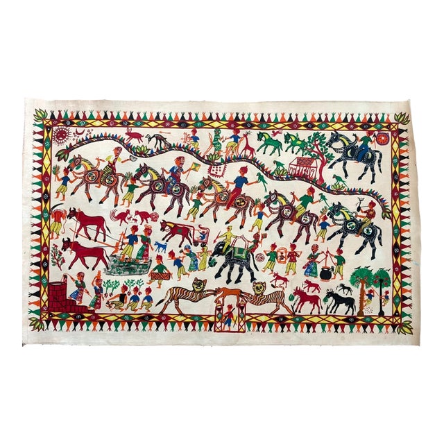 Folk Art Pithora Painting from Gujarat India: Horses, Dieties: 32" x 20", EUC For Sale