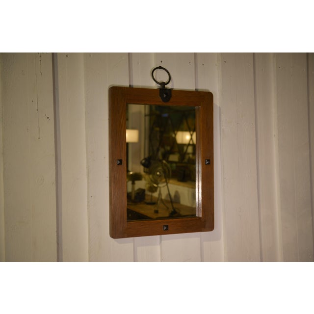Wood Brutalist Mirror in Oak with Metal Ring, 1960s For Sale - Image 7 of 7
