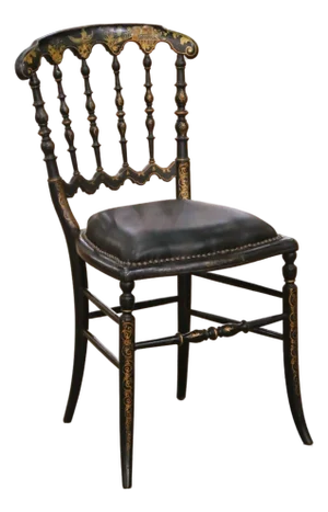 Napoleon III French Ebonized Side Chair With Gilt Decoration and Leather Seat