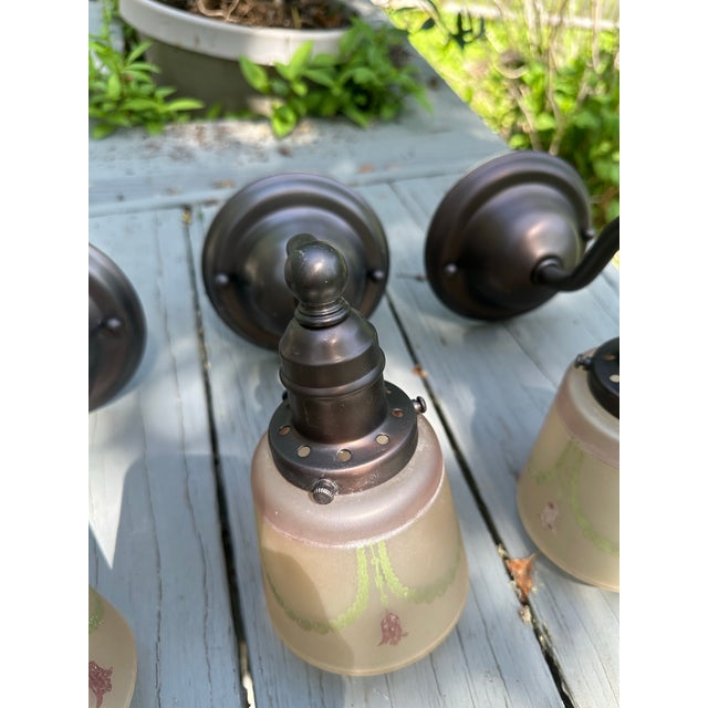 American Antique Brass Sconces With Vintage Glass Shades - Set of Three For Sale - Image 3 of 7