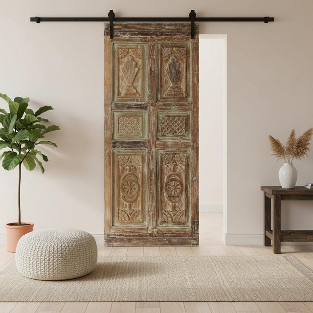 Antique Distressed Green Carved Wood Door – Rustic Hinged or Barn Door 80x35 For Sale - Image 4 of 4