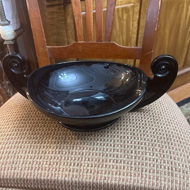 Art Deco Fostoria Black Glass Consul Bowl with Matching Candlestick Holders pattern #2395, designed by George Sakier...