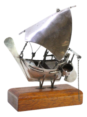 Silver Boat with Applications and Wooden Base