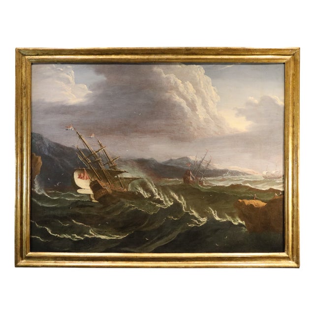 Workshop of Matthieu Van Plattenberg, Stormy Navy with Vessels, 1700, Oil on Canvas For Sale