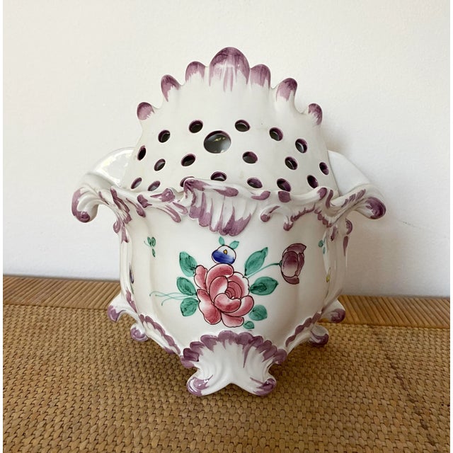 Lovely Italian frog Jardiniere by Chelsea House. Vibrant purple, red and green colors. Two separate pieces.
