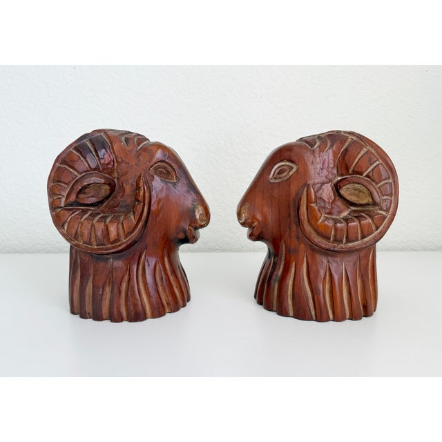 Sarreid Ltd. Carved Wood Rams Head Bookends by Sarreid Spain 1970s - A Pair For Sale - Image 4 of 11