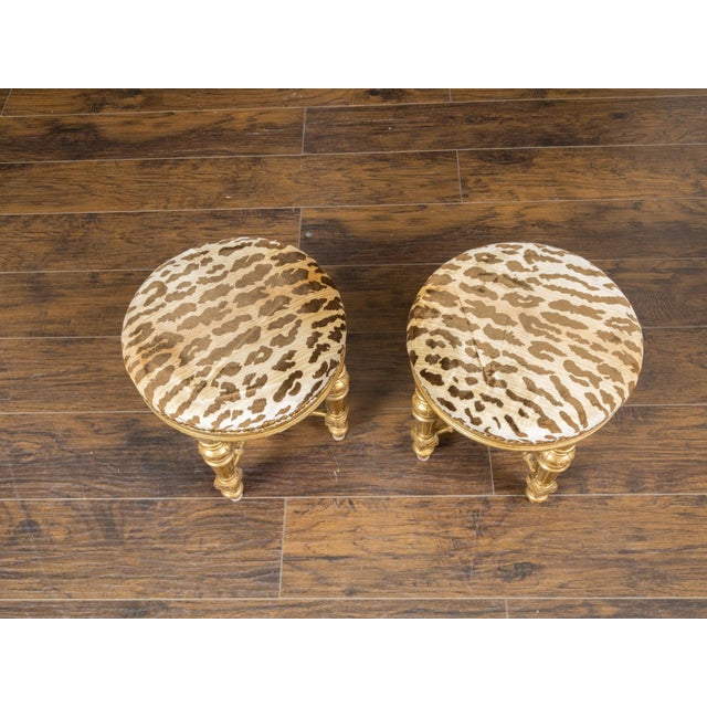 Pair of 19th Century French Giltwood Stools with Fluted Legs and Upholstery For Sale - Image 4 of 10