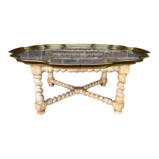 Baker Furniture Brass Glass and Oak Barley Twist Regency Coffee Table For Sale