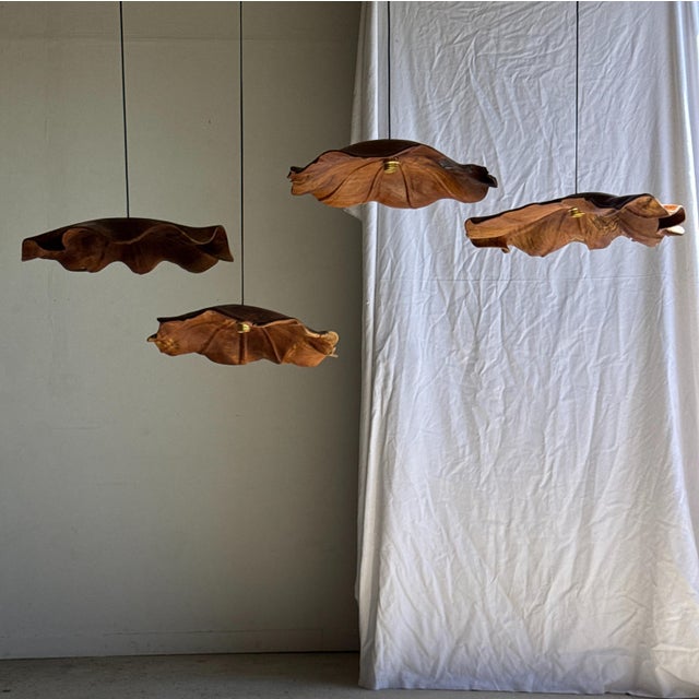 Brutalist Large Flat Wavy Leaf-Shaped Teak Pendant Light with Floral Design For Sale - Image 3 of 12