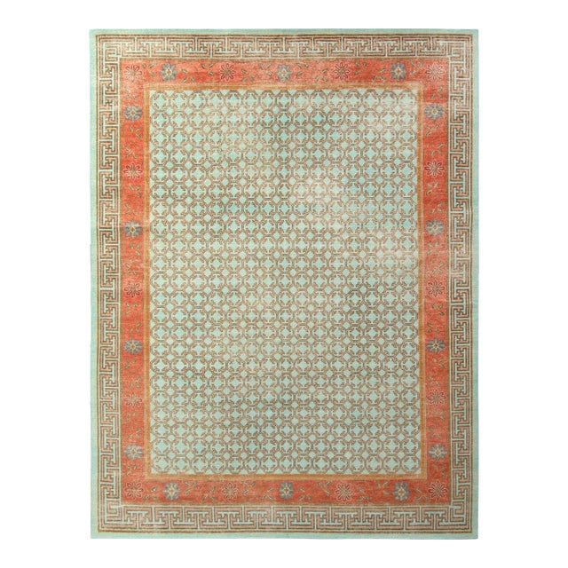 Rug & Kilim’s Border Rug in Mint and Rust, 9x12 For Sale