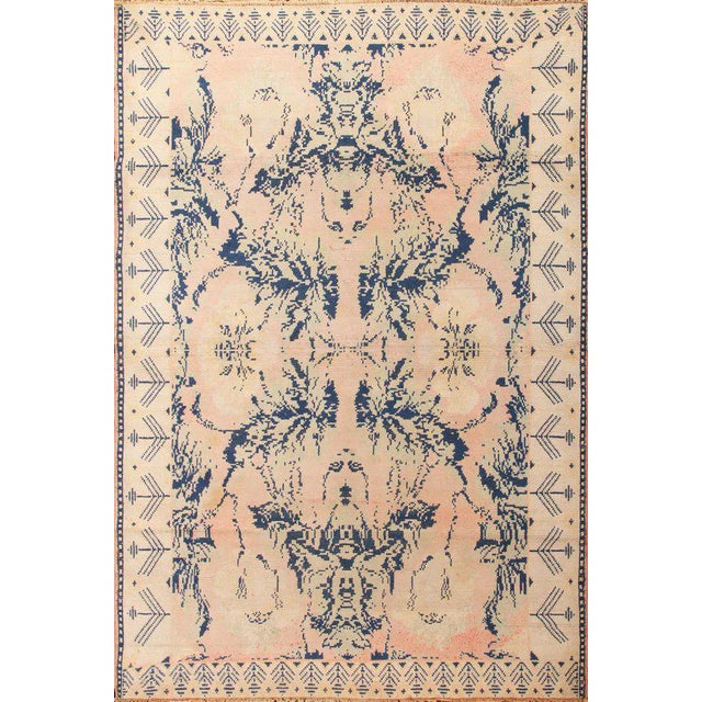 Early 20th Century Antique Hand Knotted Pink and Blue Agrarian Rug 4′ × 6′8″ For Sale